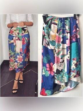 Zara Tropical Botanical Patchwork Print Midi Skirt Asymmetrical Euro Summer Sz M